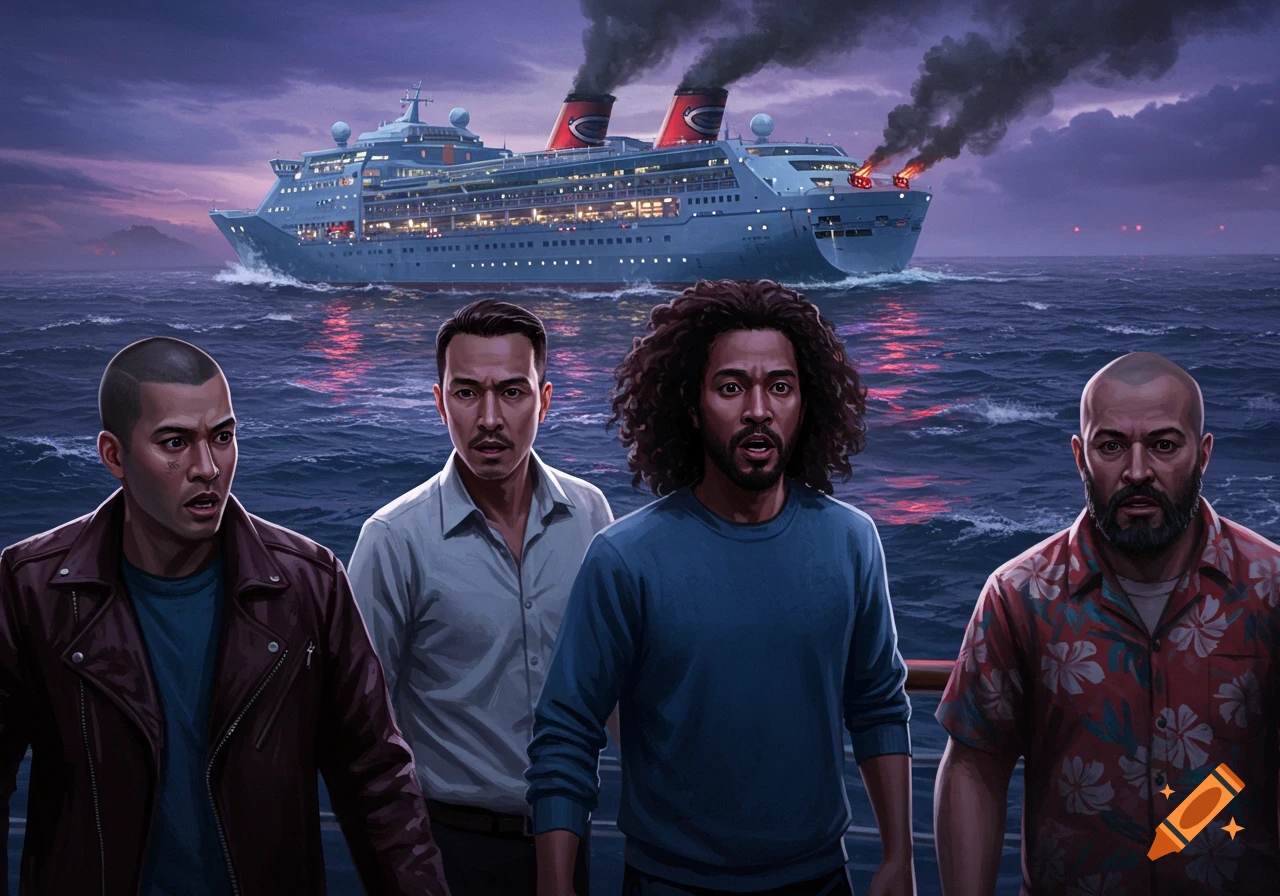 Four men look at a distant cruise ship with smoke coming from it at night.