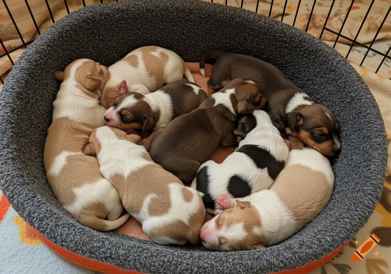 A pile of sleeping puppies in a round dog bed.