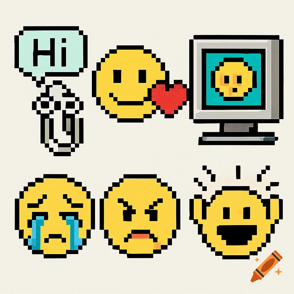 Pixel art collection of emojis and icons, including a 'HI' speech bubble, smiley with a heart, computer icon, crying, angry, and excited emojis.