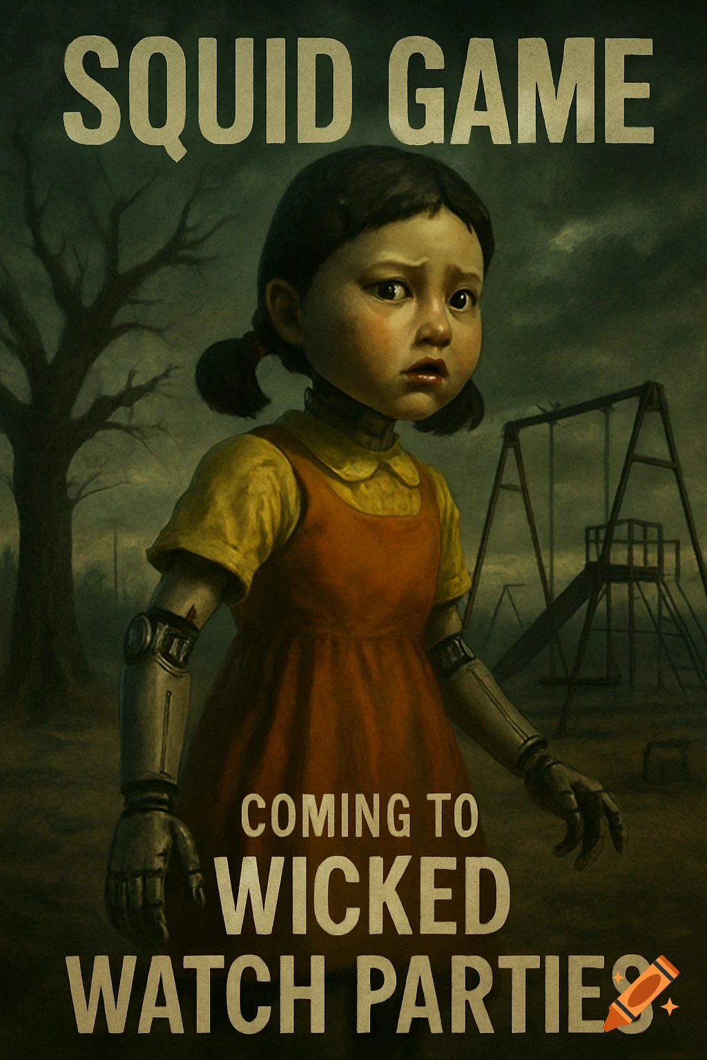 A poster-style illustration of the Squid Game doll Young-hee with robotic arms in a dark playground, text reads "Squid Game Coming To Wicked Watch Parties".