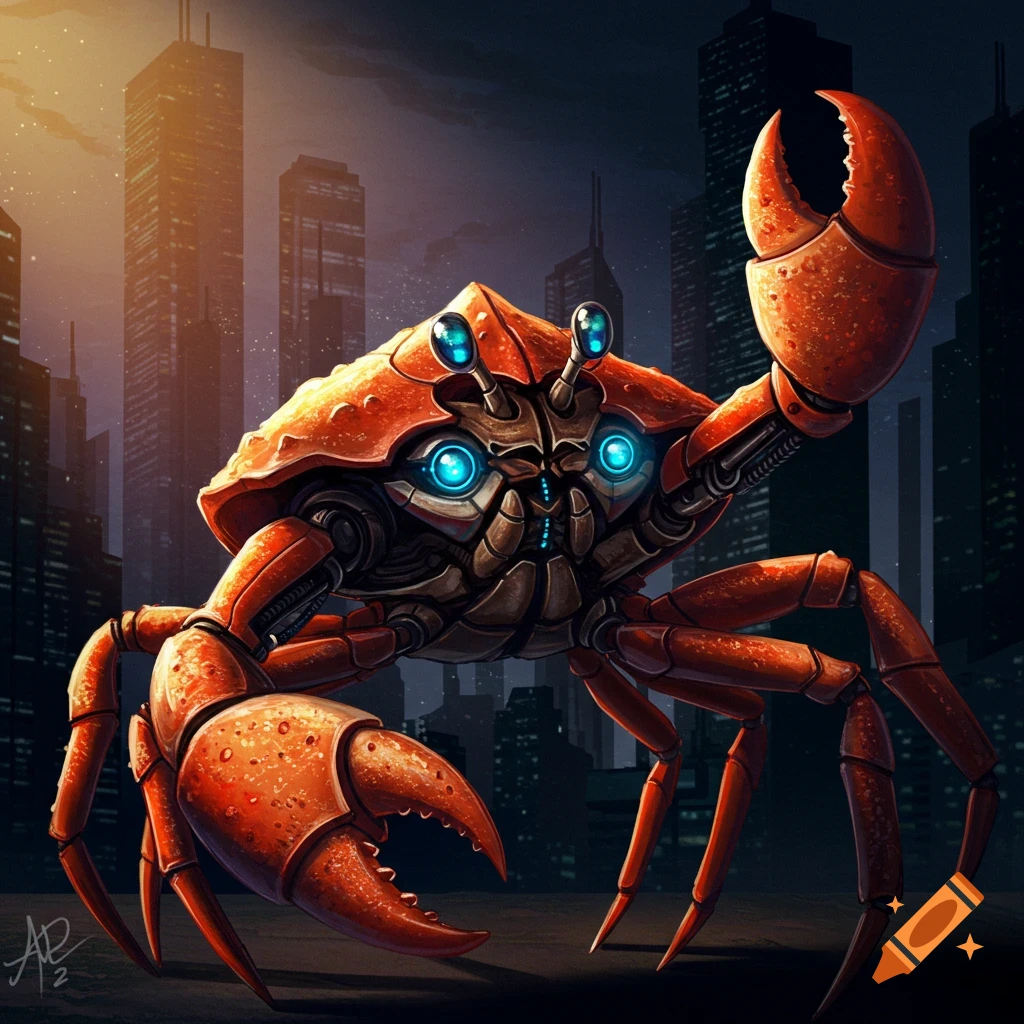 A large, robotic crab stands in front of a city skyline at night.