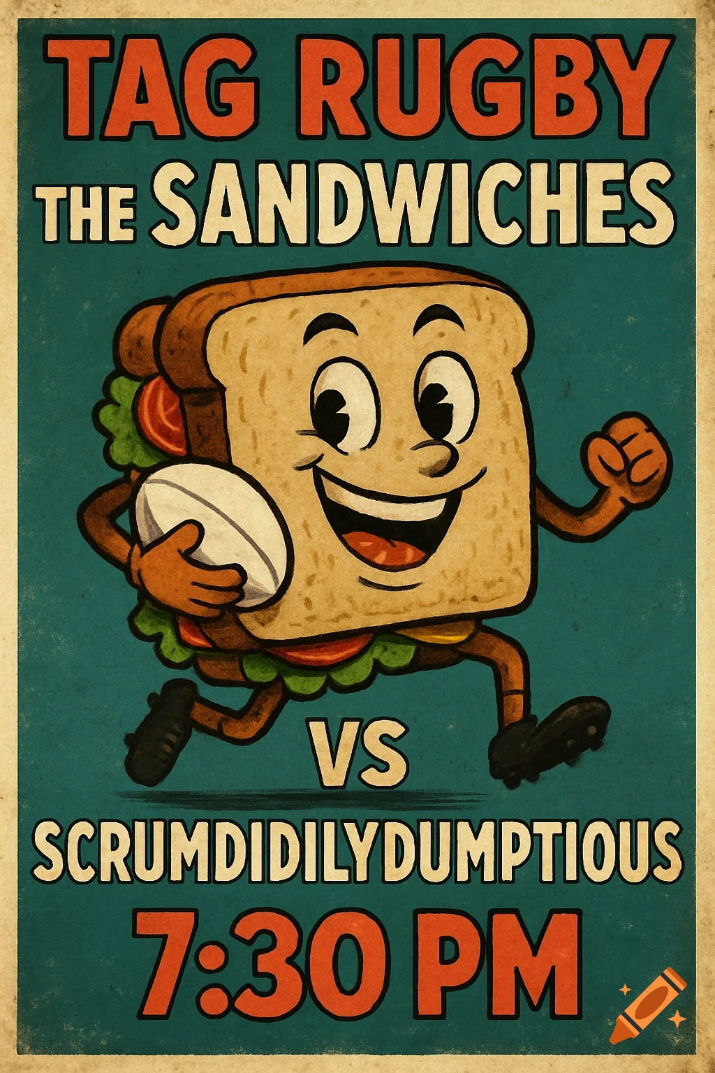 Vintage cartoon poster featuring a sandwich mascot playing rugby, advertising a game against Scrumdidilydumptious at 7:30 PM.