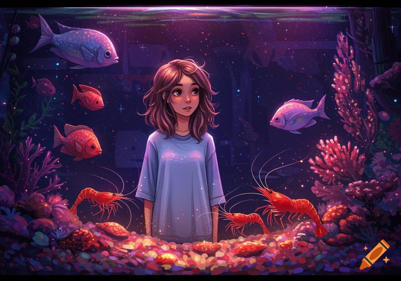 Illustration of a girl in a glowing aquarium surrounded by fish, shrimp, and coral.