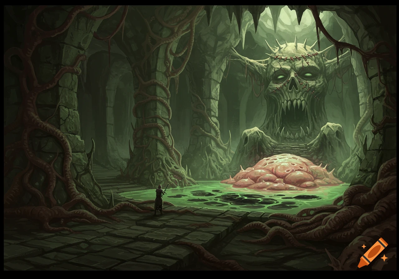A dark dungeon chamber with a large skull idol, pool of ichor, and a lone figure.