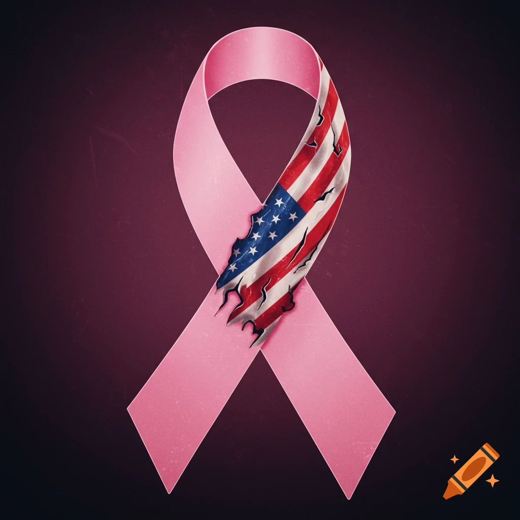 Pink breast cancer ribbon torn to reveal an American flag pattern underneath