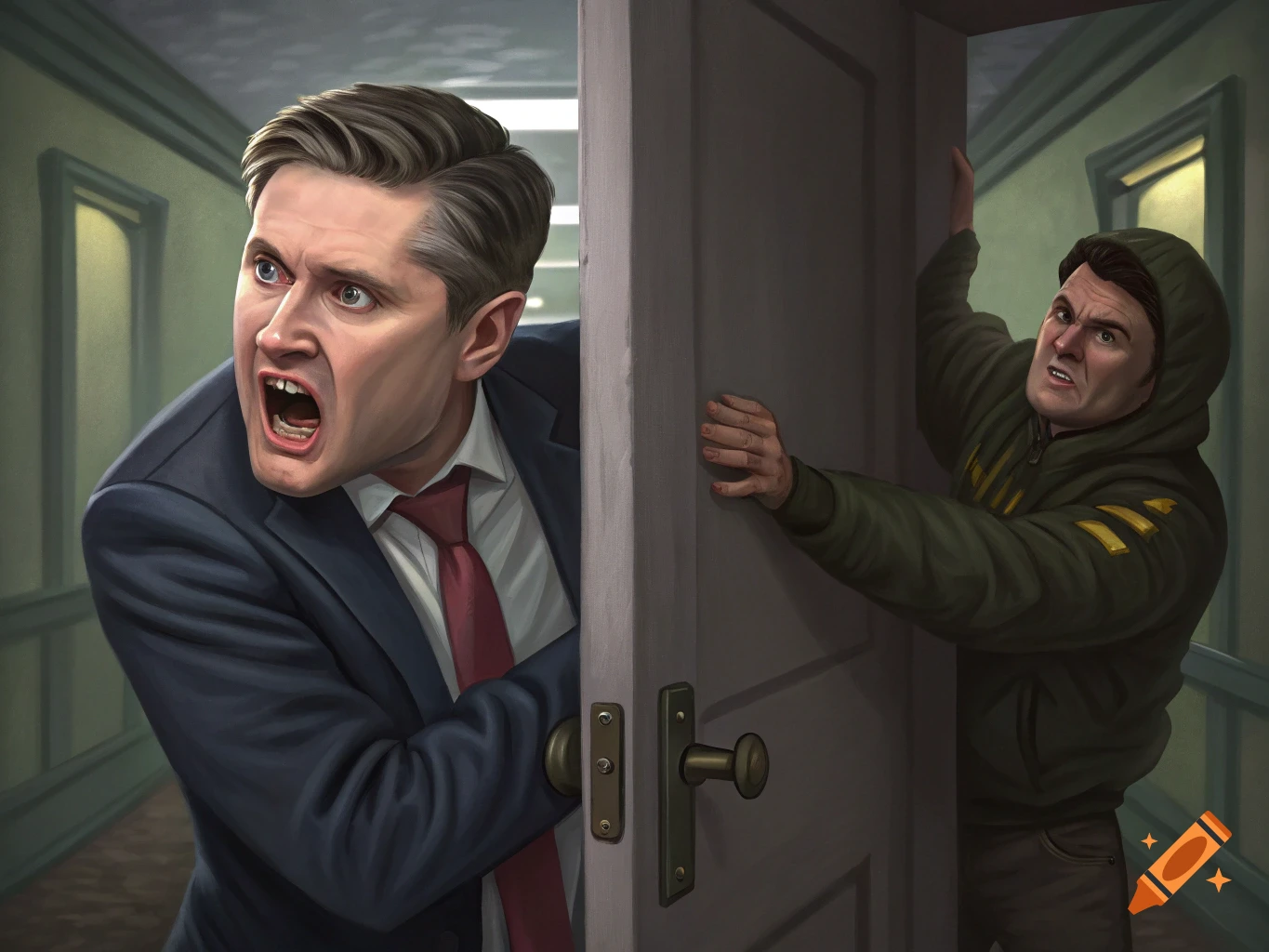 A man in a suit hides behind a door with a fearful expression as a man in a green hoodie bangs on the door angrily.