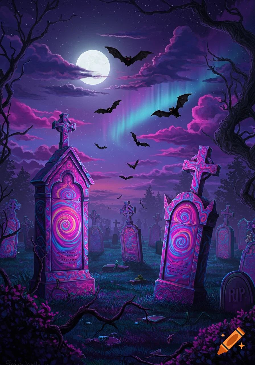 A psychedelic cemetery at night with brightly colored gravestones, bats flying under a full moon and aurora borealis.