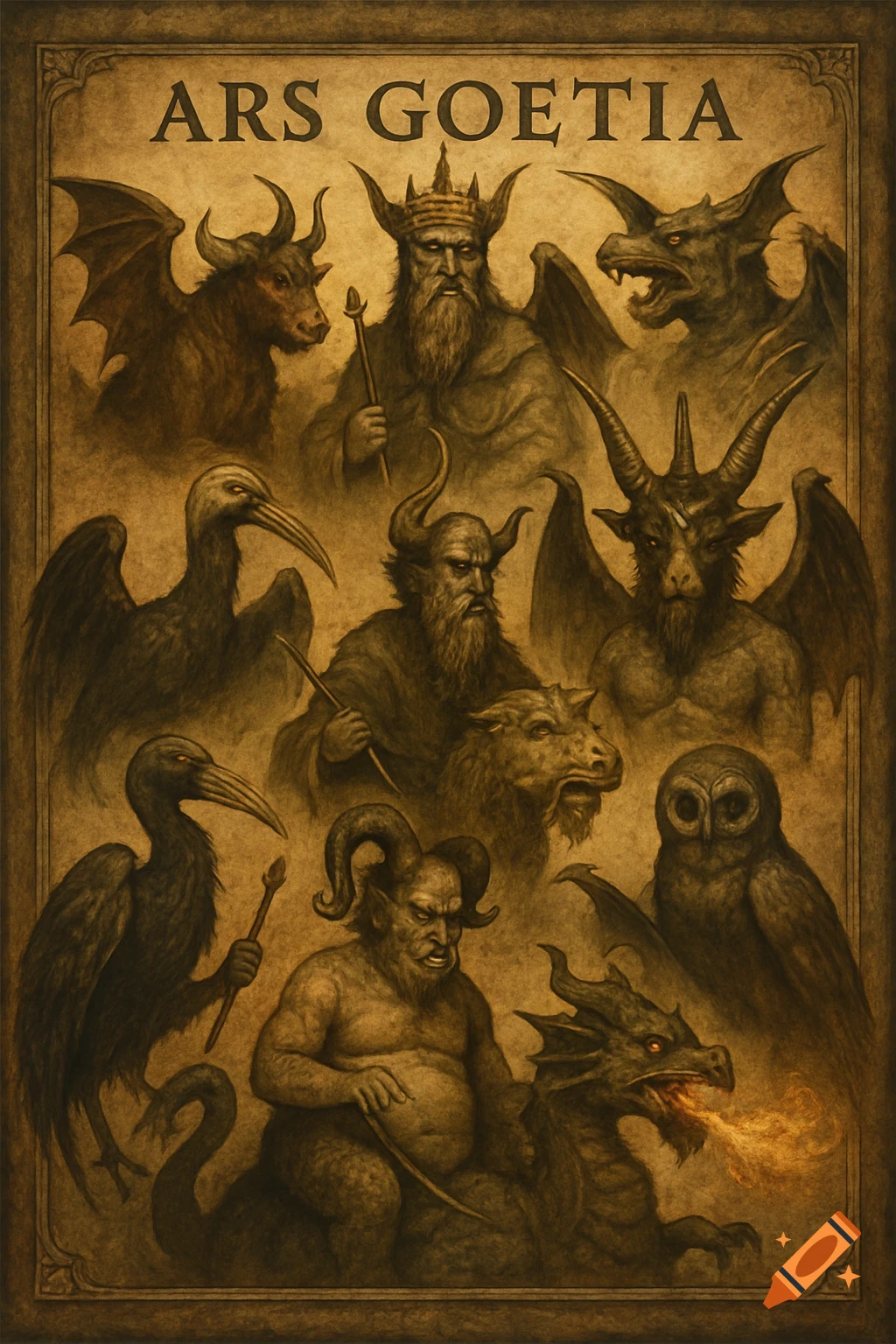 Brown-toned collage of demons, monsters, and creatures with 'ARS GOETIA' text.