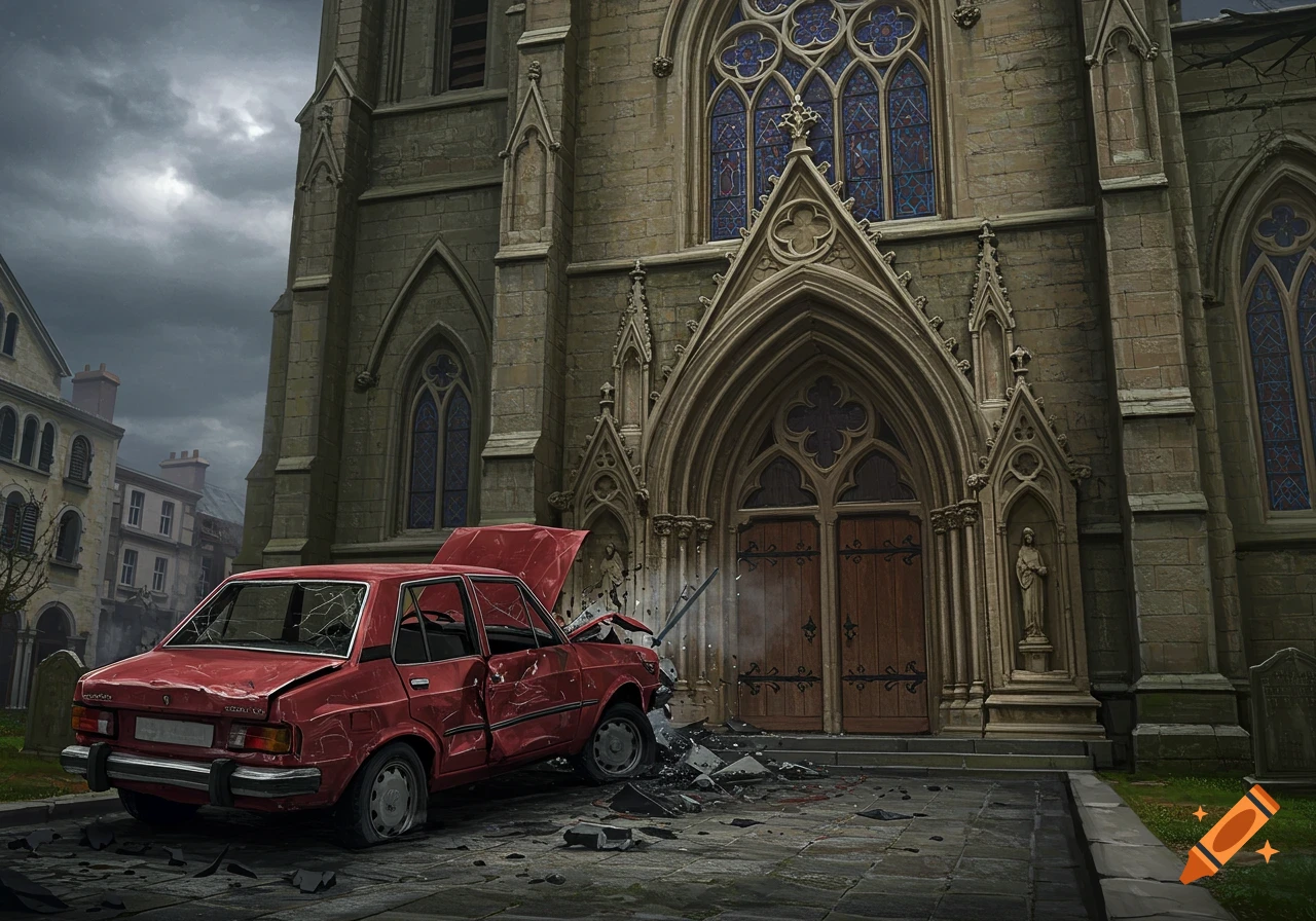 A wrecked red car sits in front of a gothic church under a dark sky.