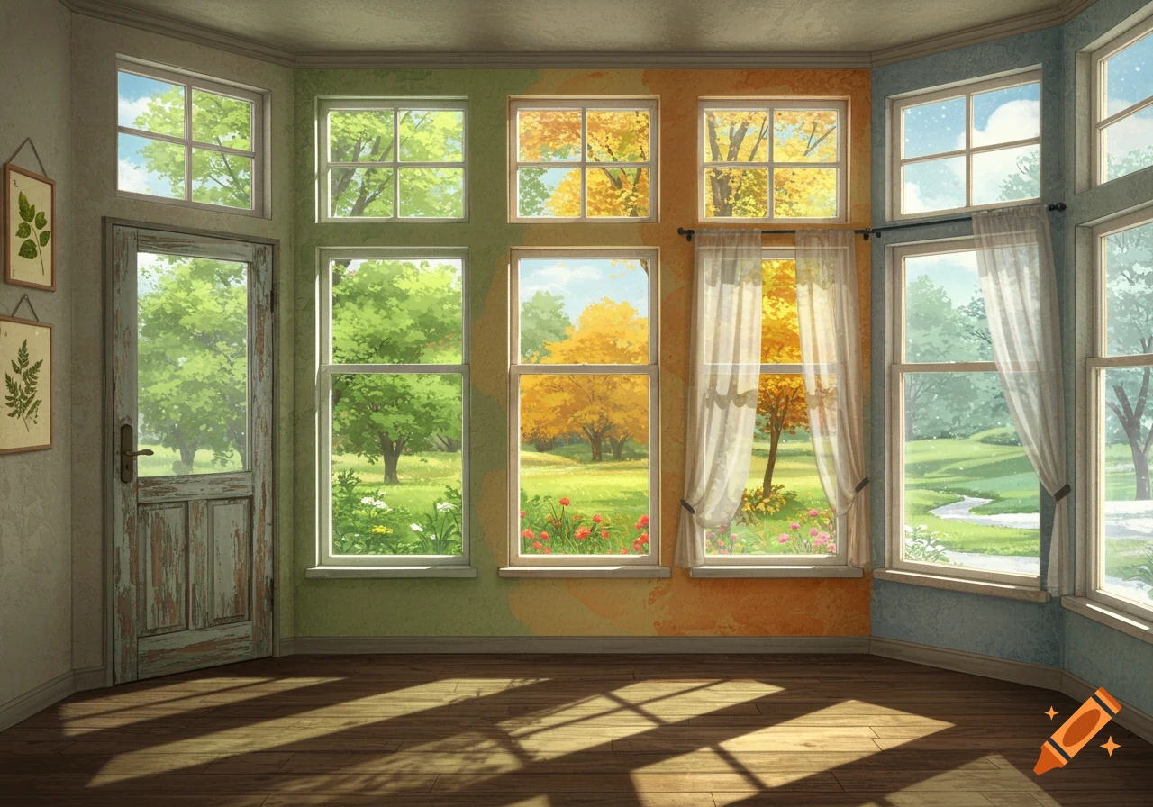 A room with multiple windows looking out onto landscapes representing different seasons: summer, autumn, and winter. A door is on the left.