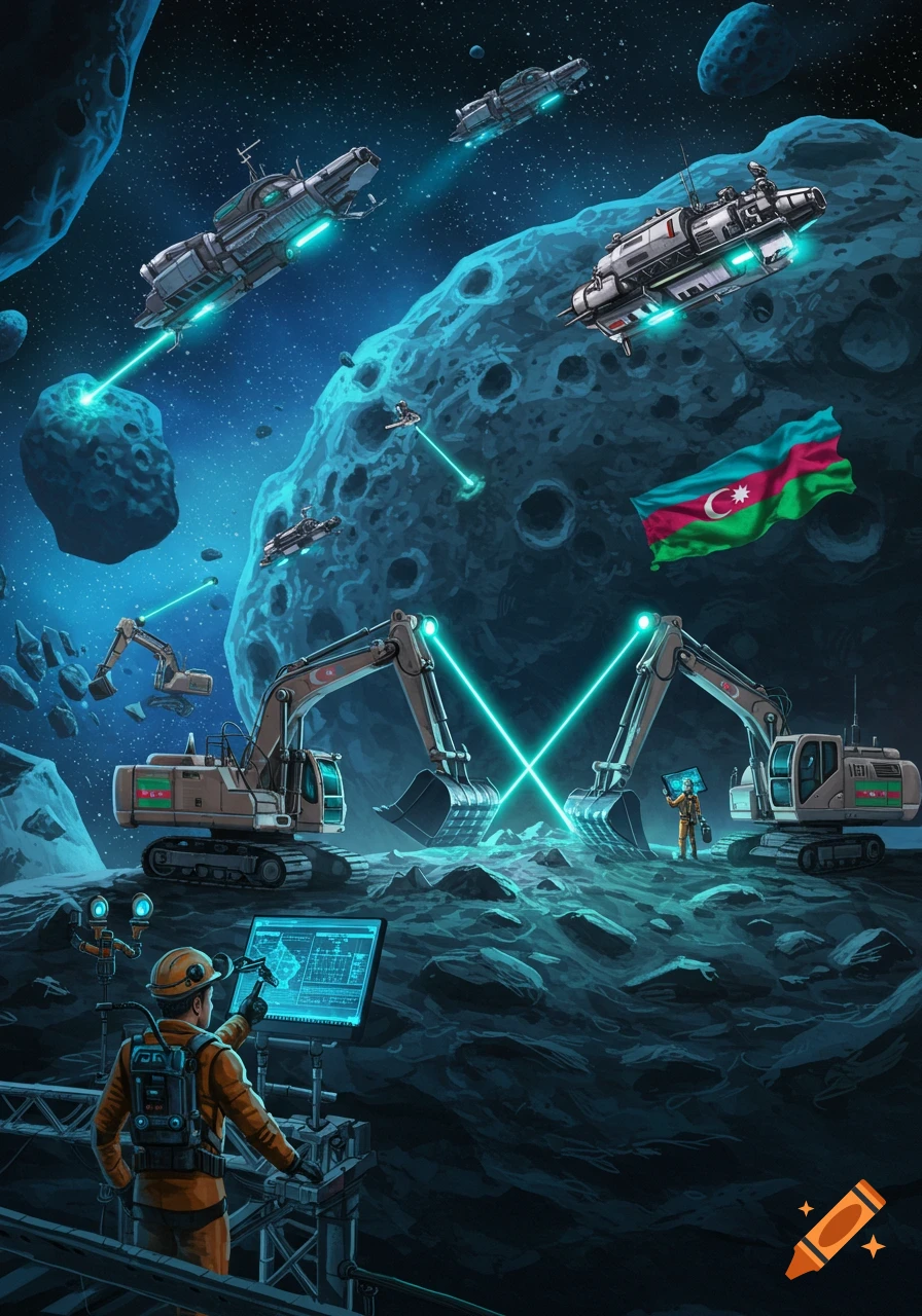 Space mining operation on an asteroid with excavators, spaceships, and an Azerbaijani flag.