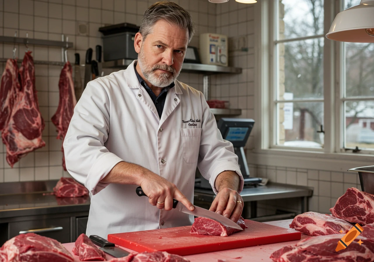 A butcher in a white coat cuts meat in a shop.