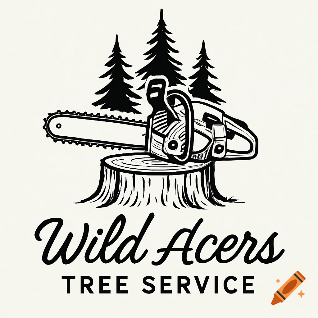 Black and white logo illustration of a chainsaw on a stump with trees and the text Wild Acers Tree Service.
