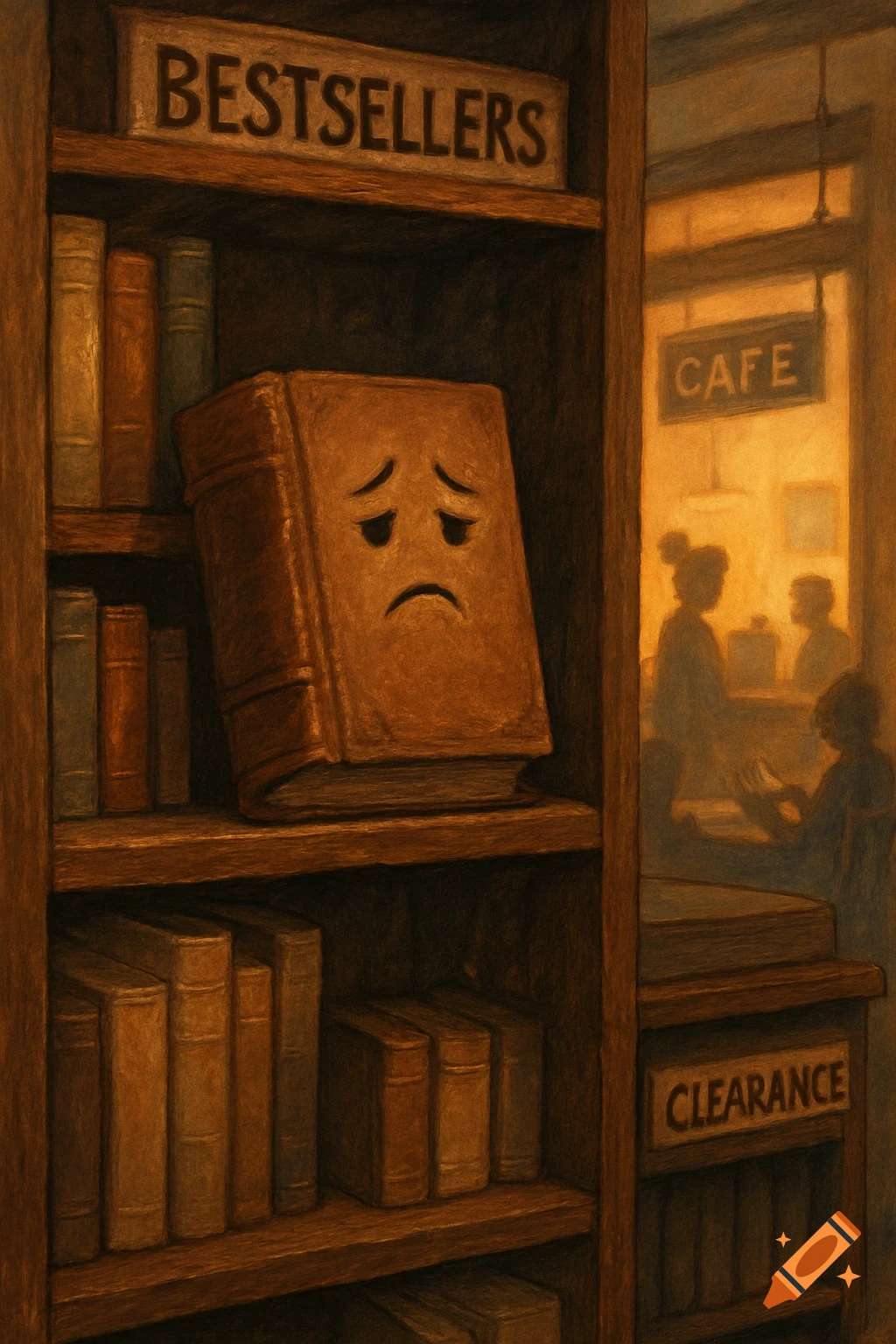 A sad anthropomorphic book sits on a wooden bookshelf next to a cafe.