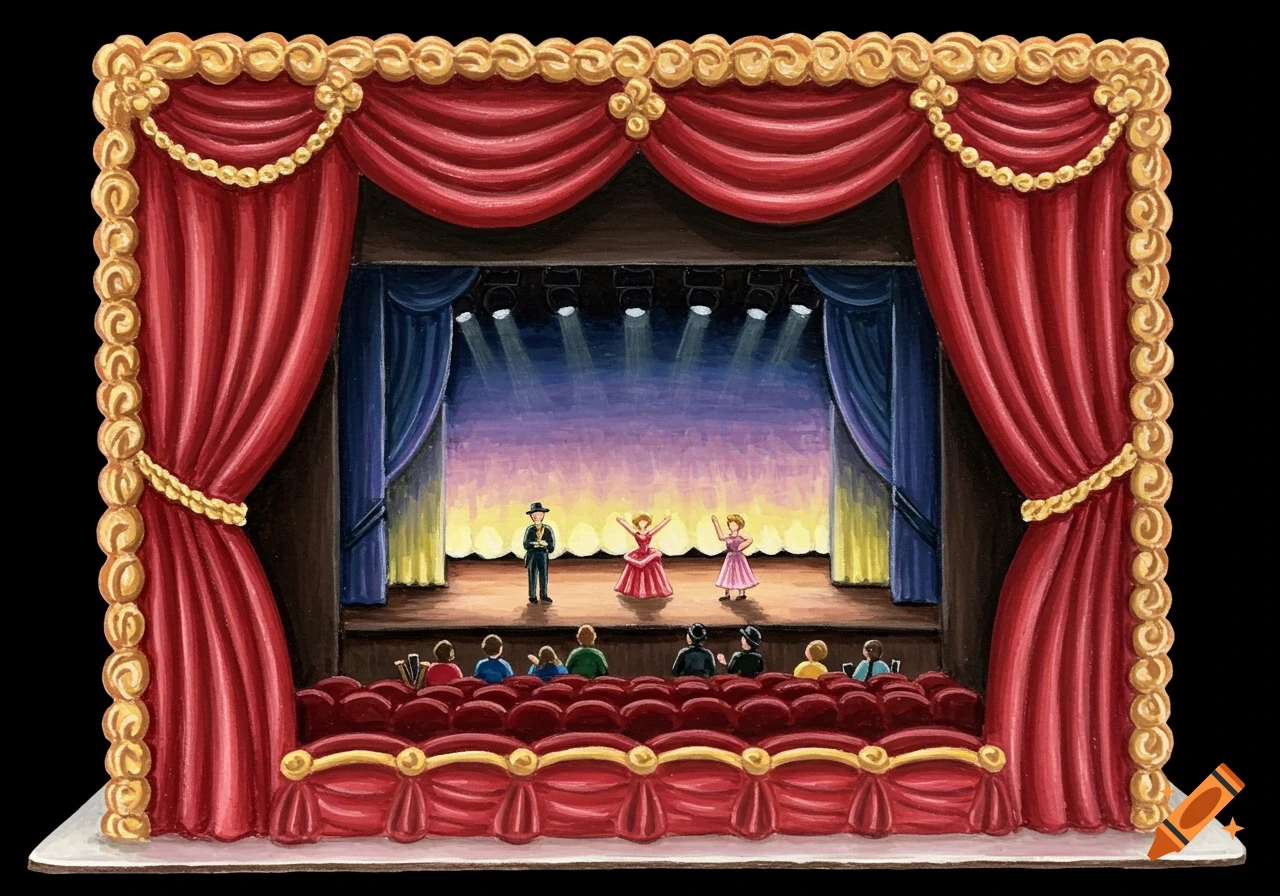 Illustration of a theatre stage with red curtains, performers, and an audience.