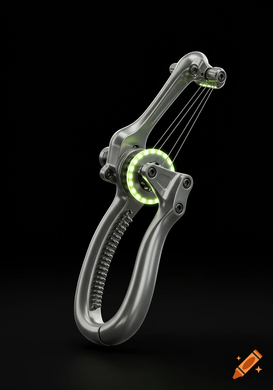 A detailed 3D render of a futuristic, metallic guitar string winder with a glowing green ring.