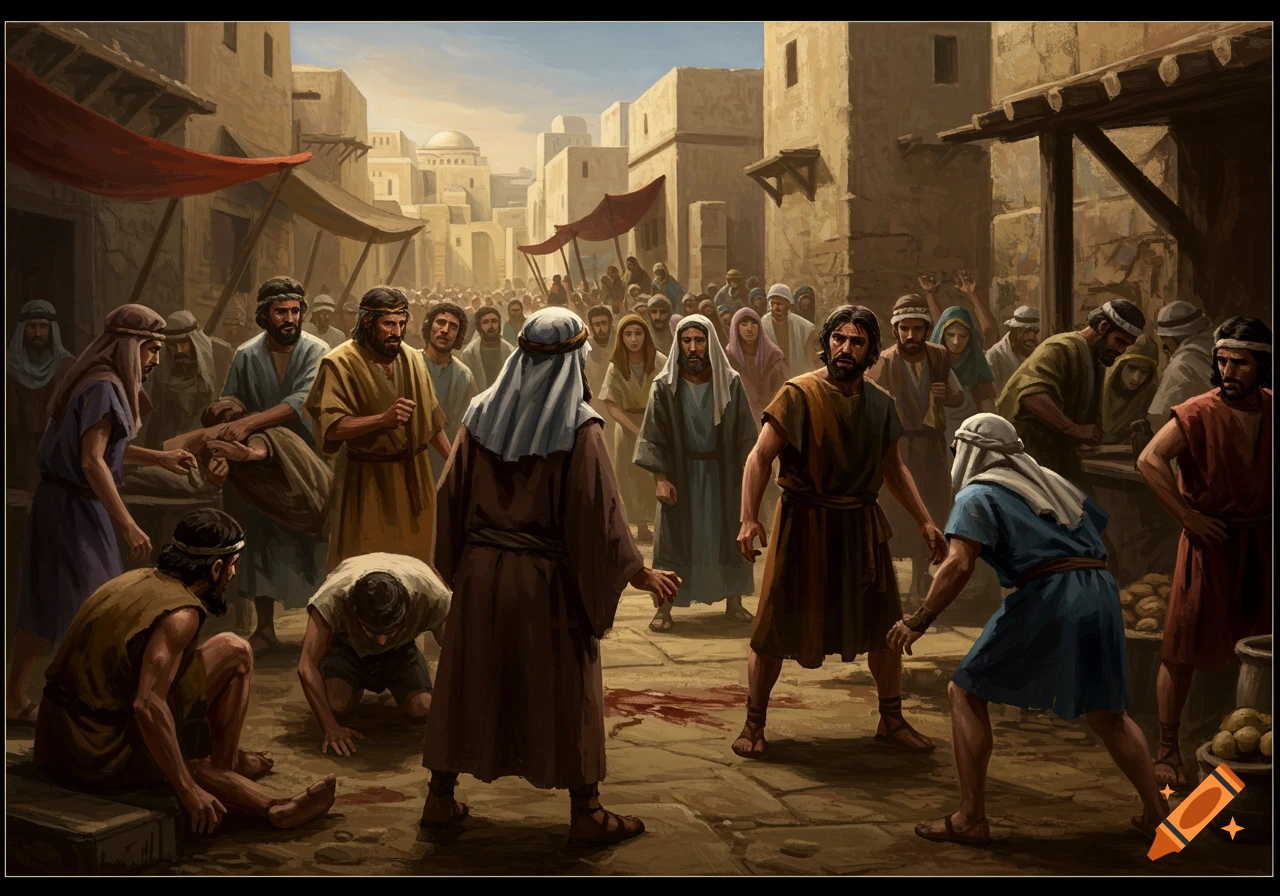 Ancient street scene with crowd, conflict, and injured person on ground.