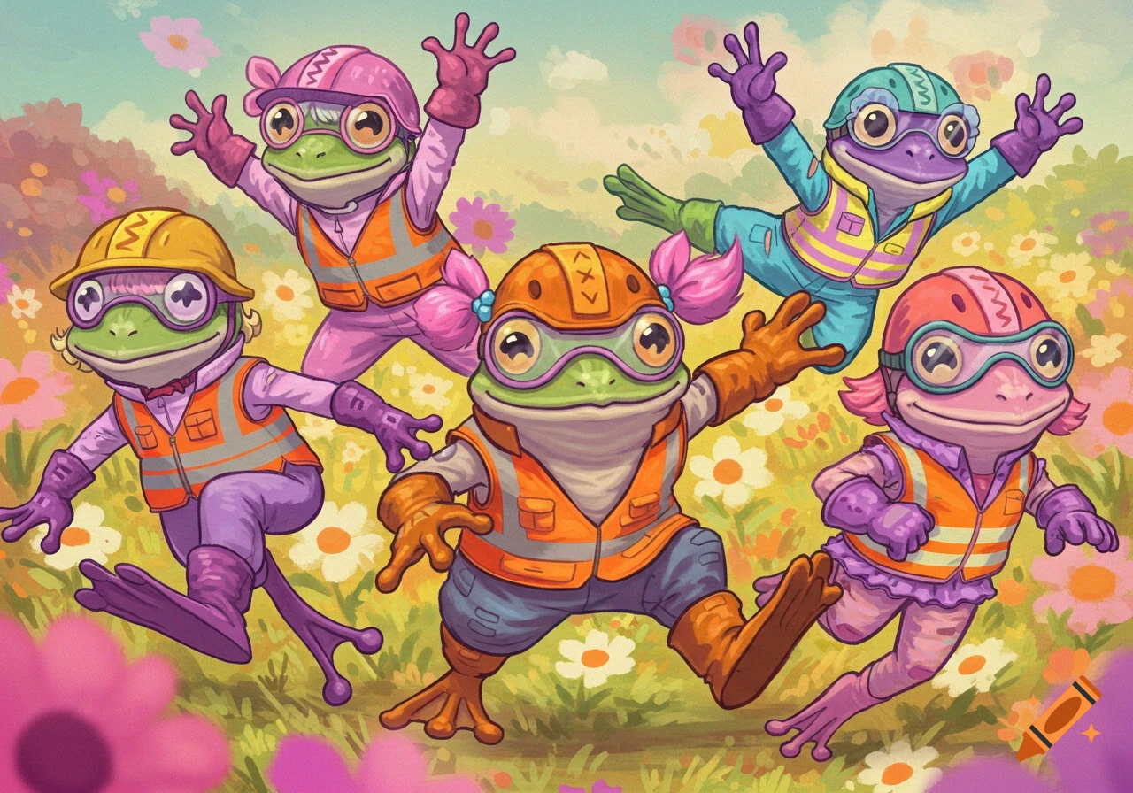 Cartoon illustration of five funny frogs wearing construction safety gear and hard hats, jumping and posing in a field of flowers.