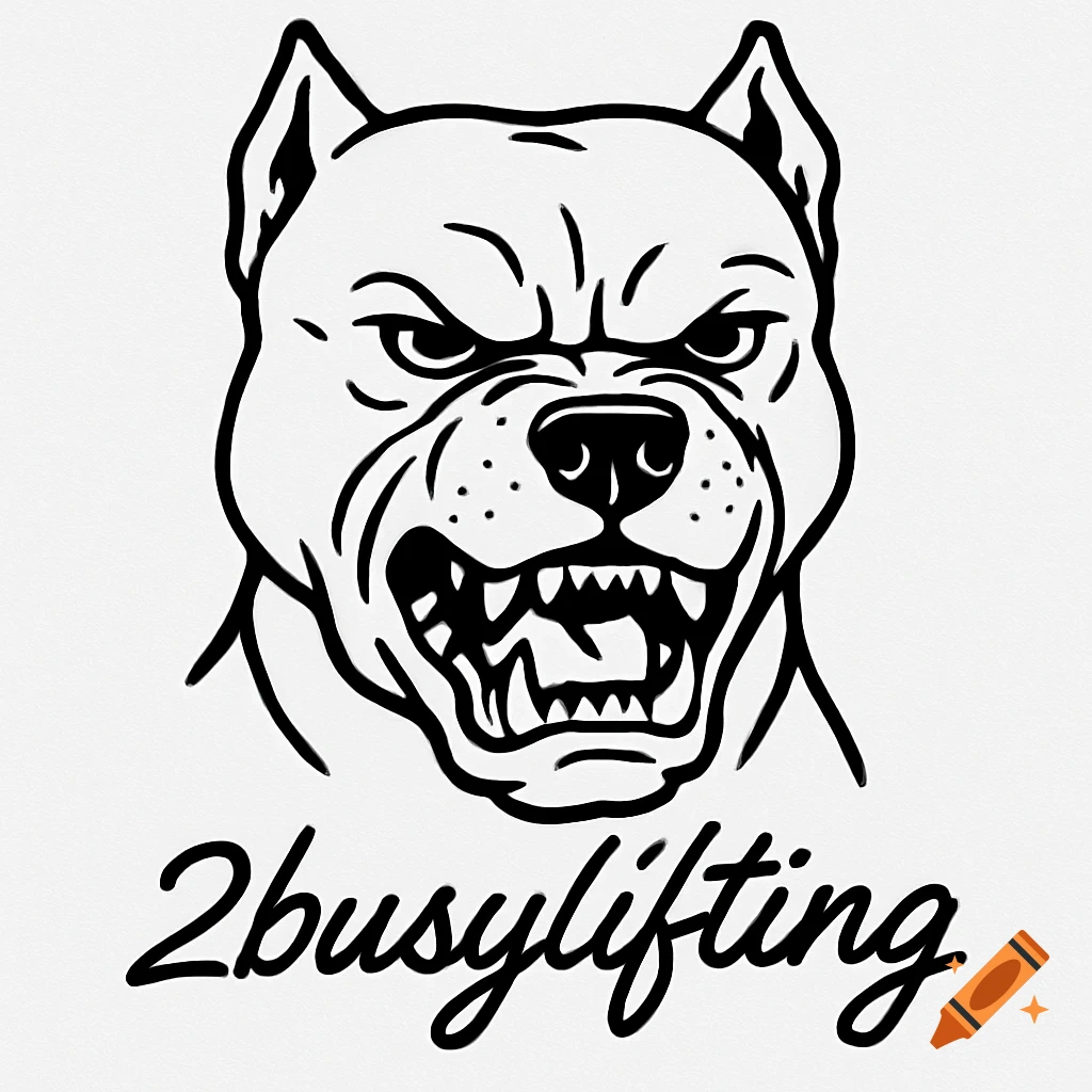 Black and white line drawing of a growling pitbull head with the text 2busylifting below.
