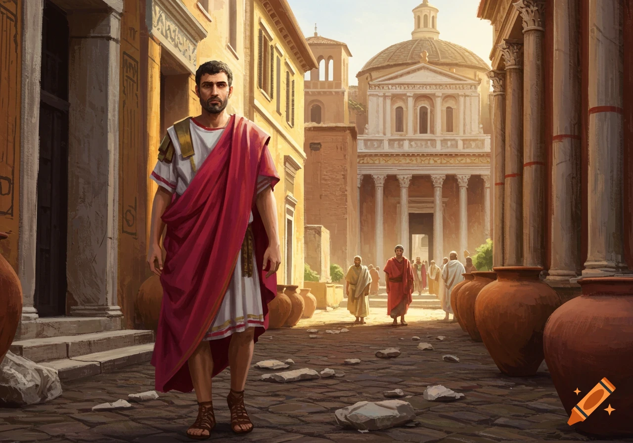 A man in Roman attire stands in a street with ancient buildings, columns, and a temple in the background.
