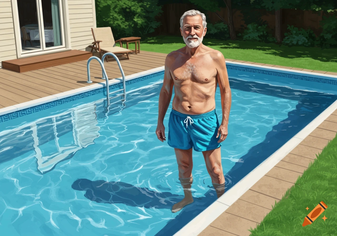 A man stands in a backyard pool wearing swim trunks.