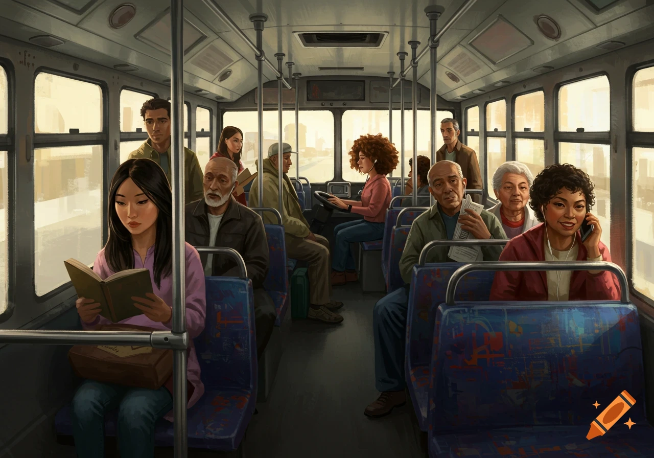 People of various ages riding a bus.