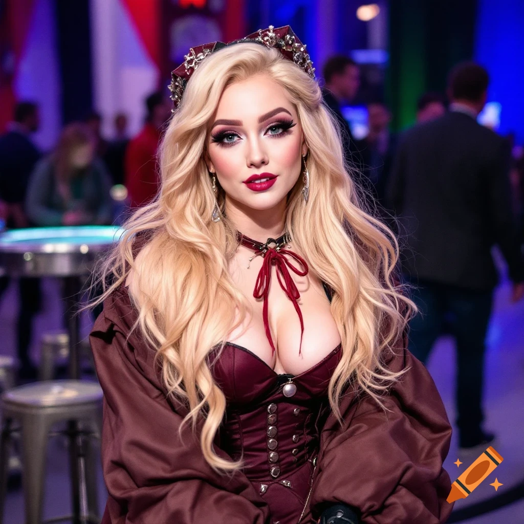 Portrait of a woman in fantasy costume and crown in an indoor setting.