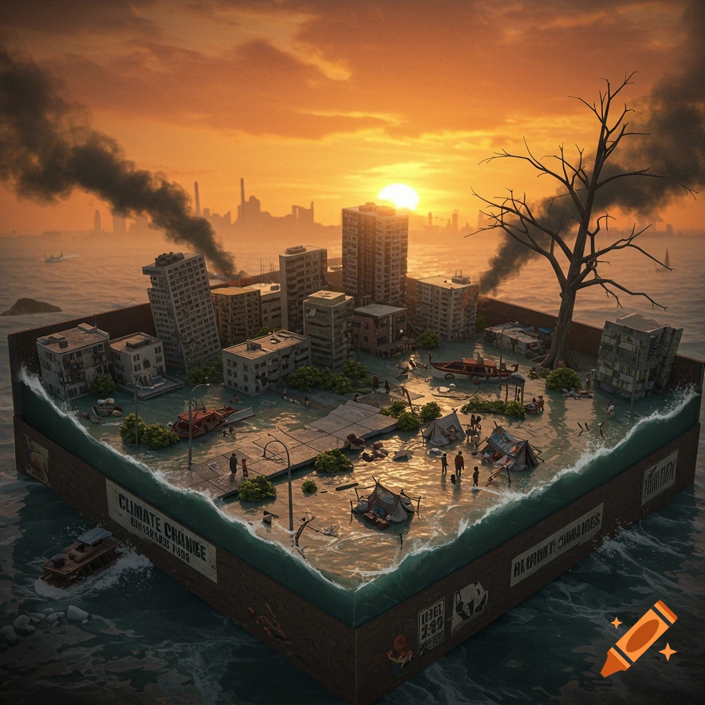Shoebox diorama of climate change with flooded buildings, tents, people, and dead tree under sunset.