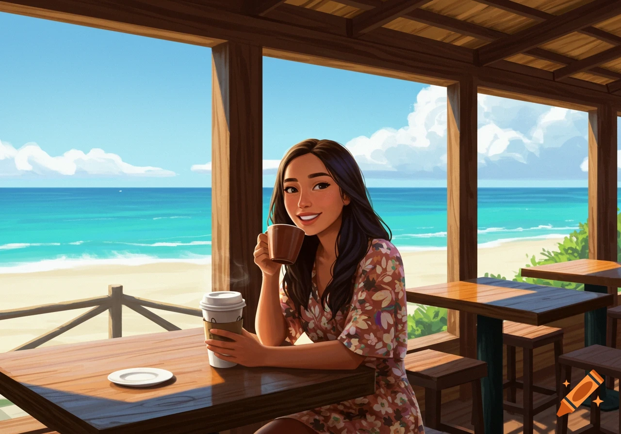 Stylized art of a woman drinking coffee at a cafe table overlooking a beach and ocean.