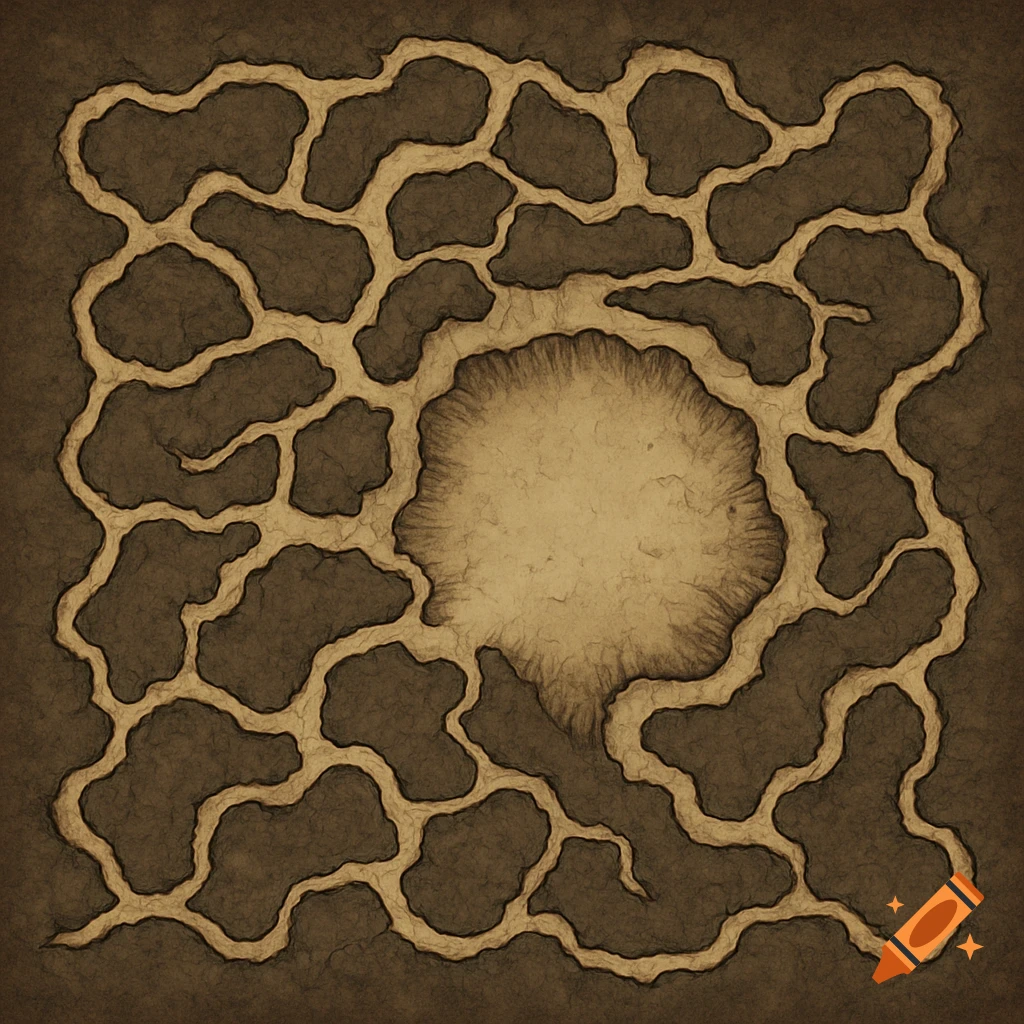 A top-down map of a cave system with a network of tunnels surrounding a large central den.