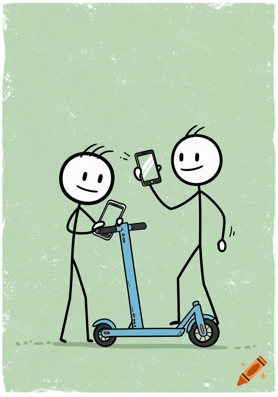 Two stick figures with phones standing by a scooter in a drawing style.