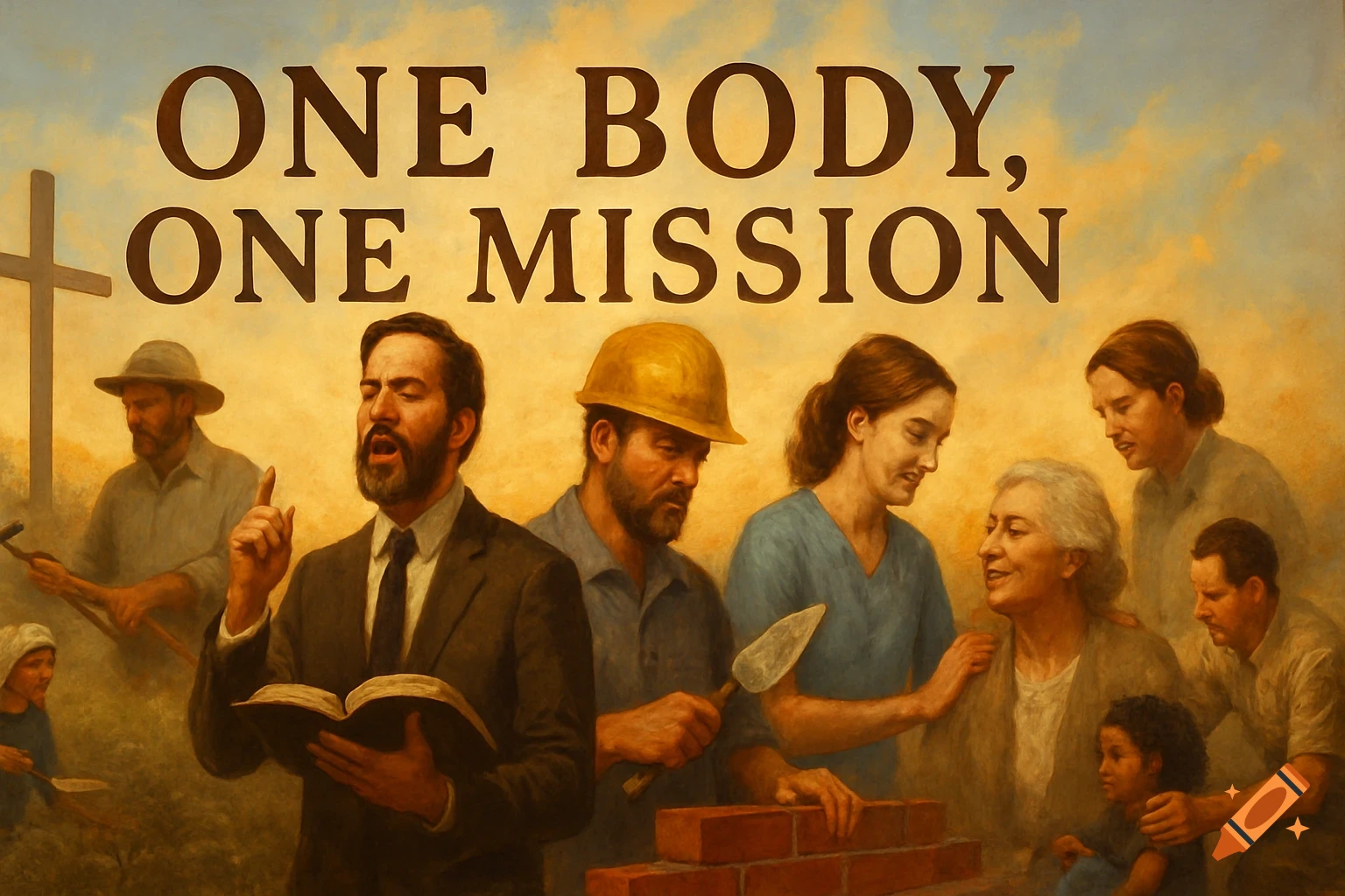 People from diverse backgrounds working together, a preacher, construction worker, nurse, etc., with text 'ONE BODY, ONE MISSION', painterly style.