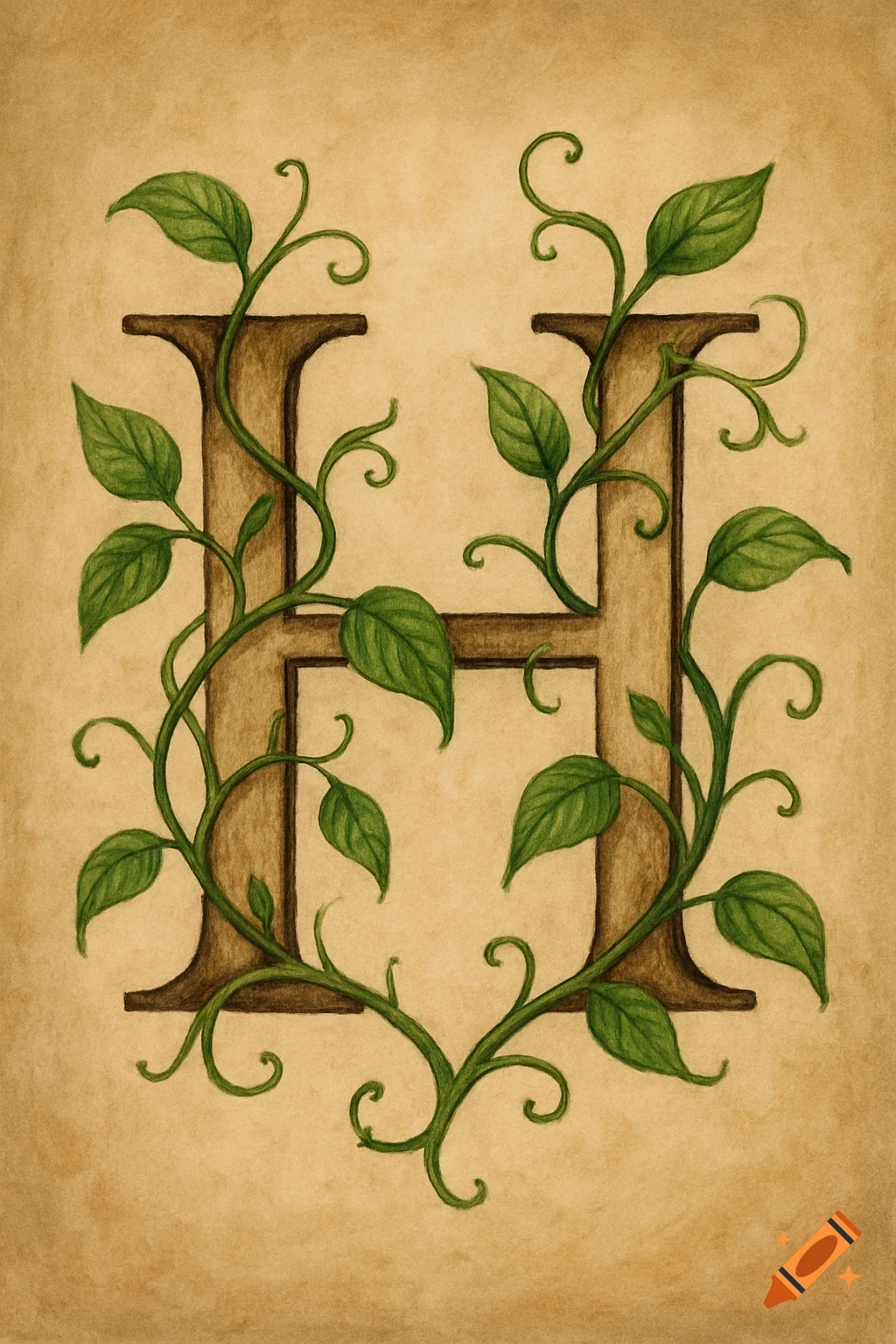 A capital letter H decorated with green vines and leaves on a textured brown background, illustration style.