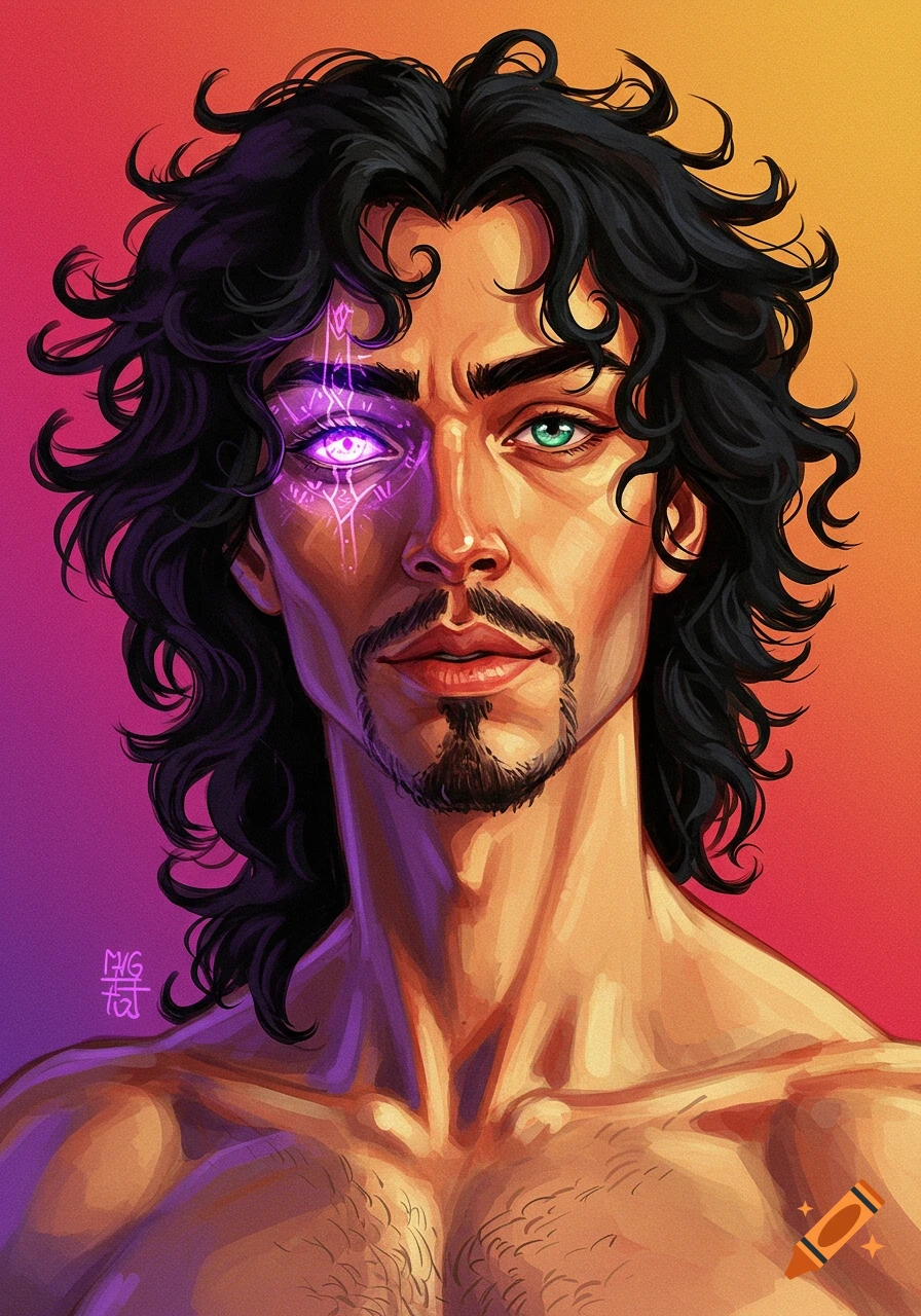 Fantasy portrait illustration of a man with glowing purple and green ...
