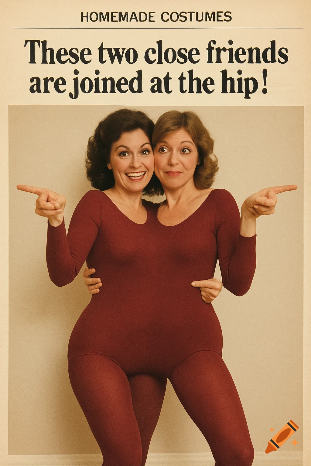 Photo of two smiling women in a shared red leotard costume, pointing in opposite directions.
