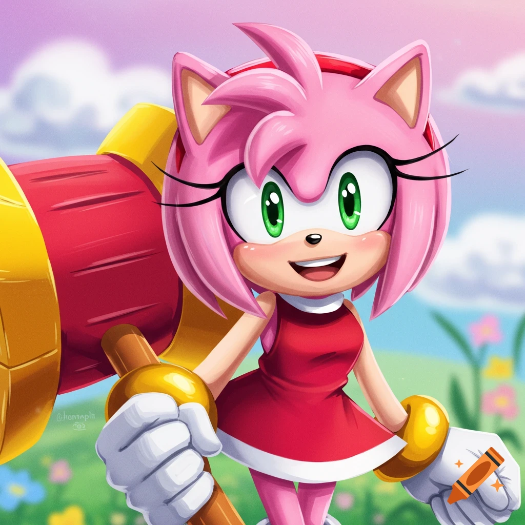 Cartoon Amy Rose holding large hammer outdoors with flowers