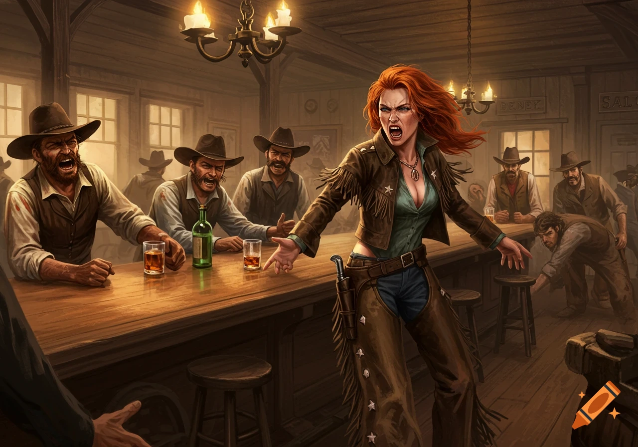 Angry cowgirl confronts cowboys in a detailed Western saloon.