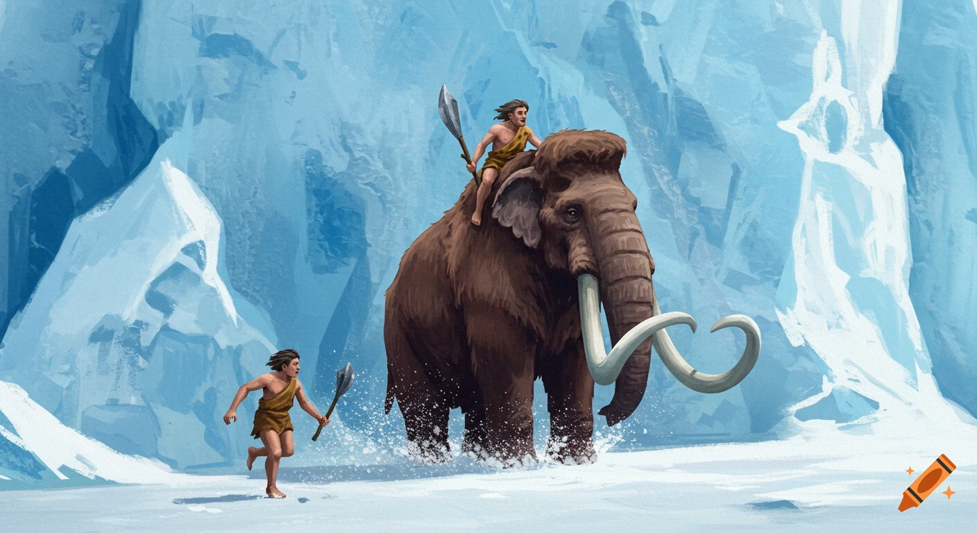 Illustration of a caveman riding a mammoth with another running alongside through an icy landscape.
