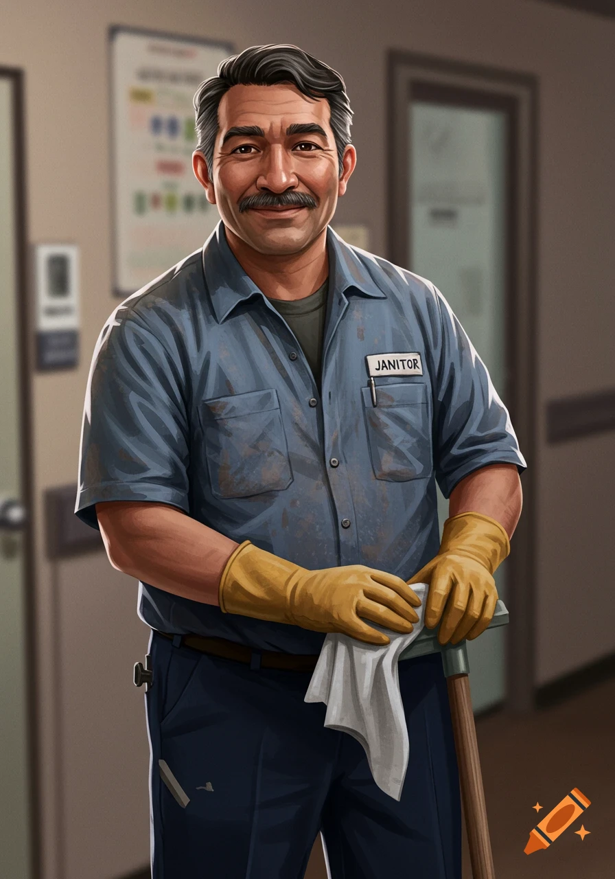 Illustration of a smiling man dressed as a janitor, wearing gloves and holding a rag and mop handle.