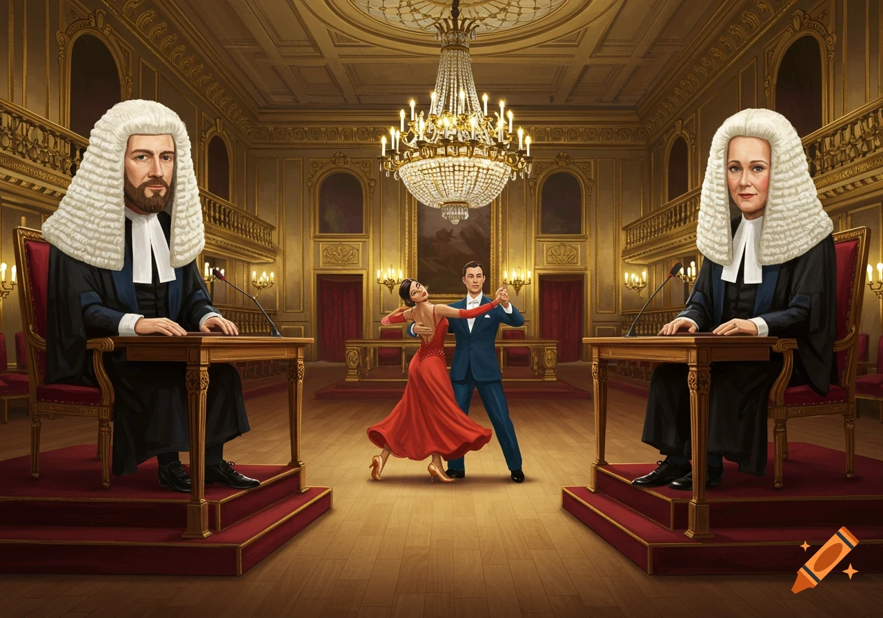 Two judges watch a couple ballroom dancing in a grand courtroom.
