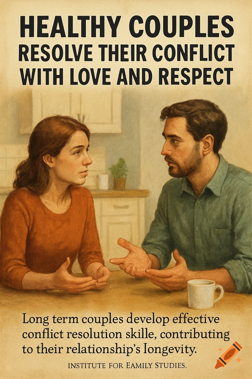 A couple sits at a table, talking, in a poster promoting healthy conflict resolution.