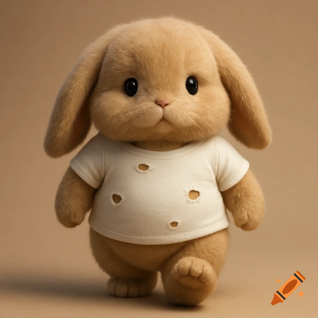 A cute fluffy chubby 3D rendered bunny rabbit wearing a white t-shirt with holes, walking forward.
