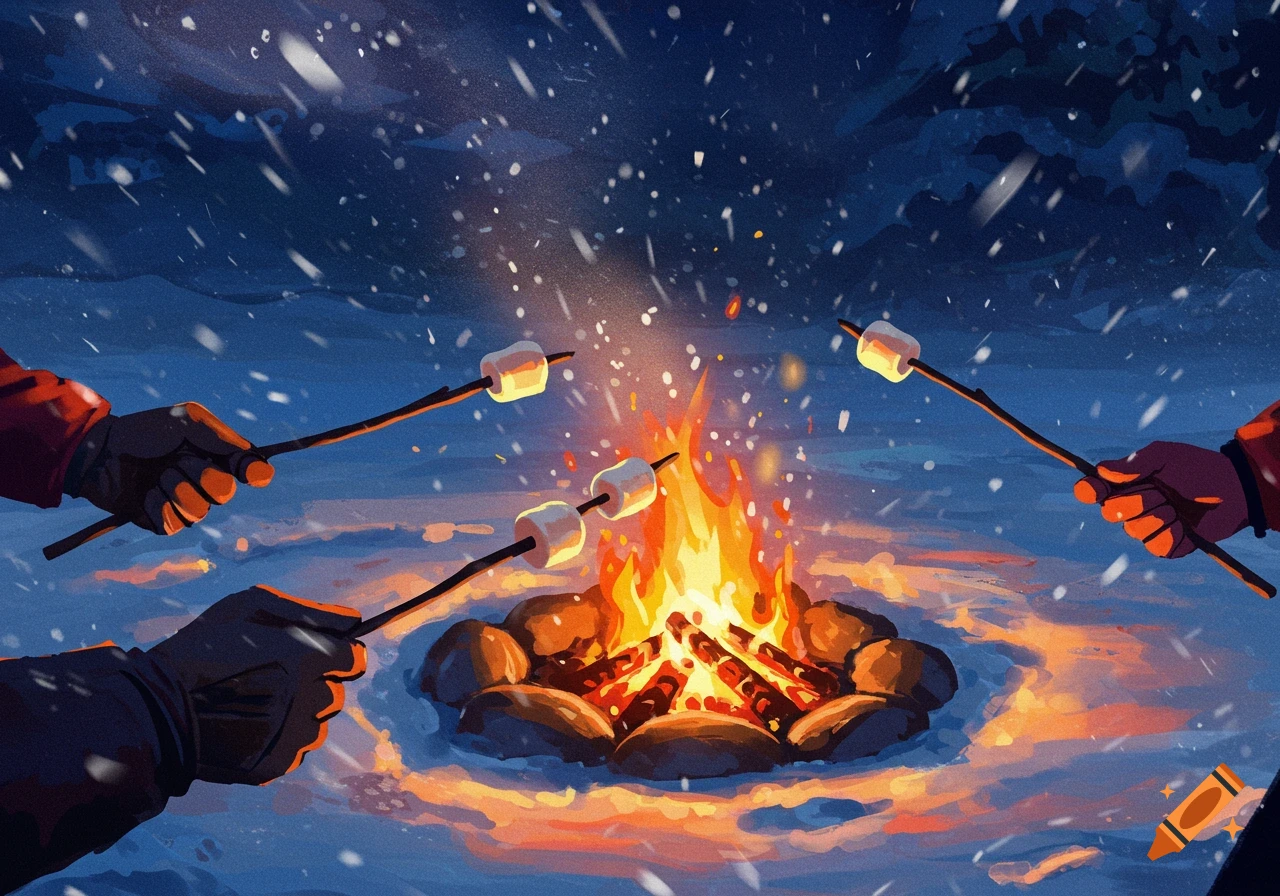 Hands roasting marshmallows over a campfire in a snowy landscape with falling snow.