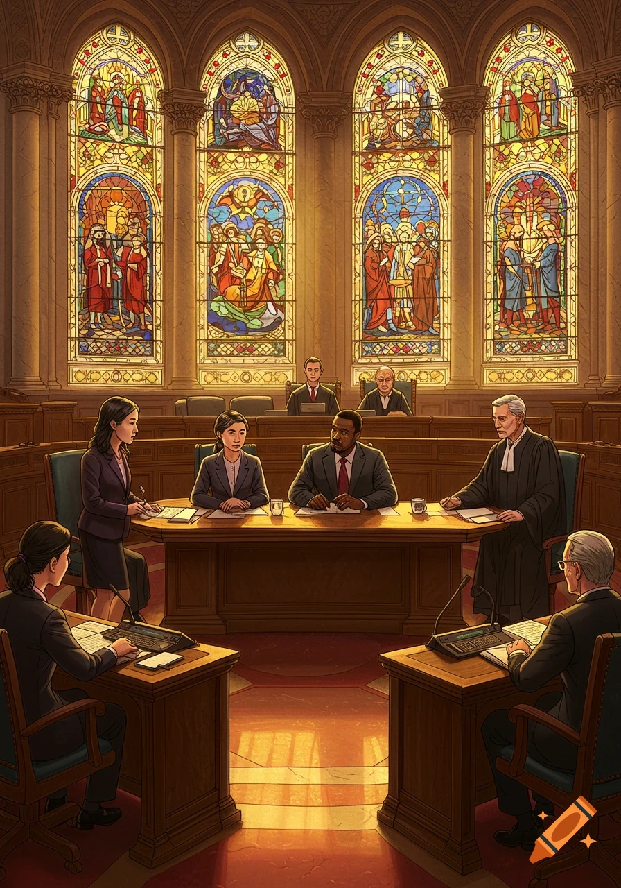 People in a formal government or courtroom setting with large stained-glass windows.