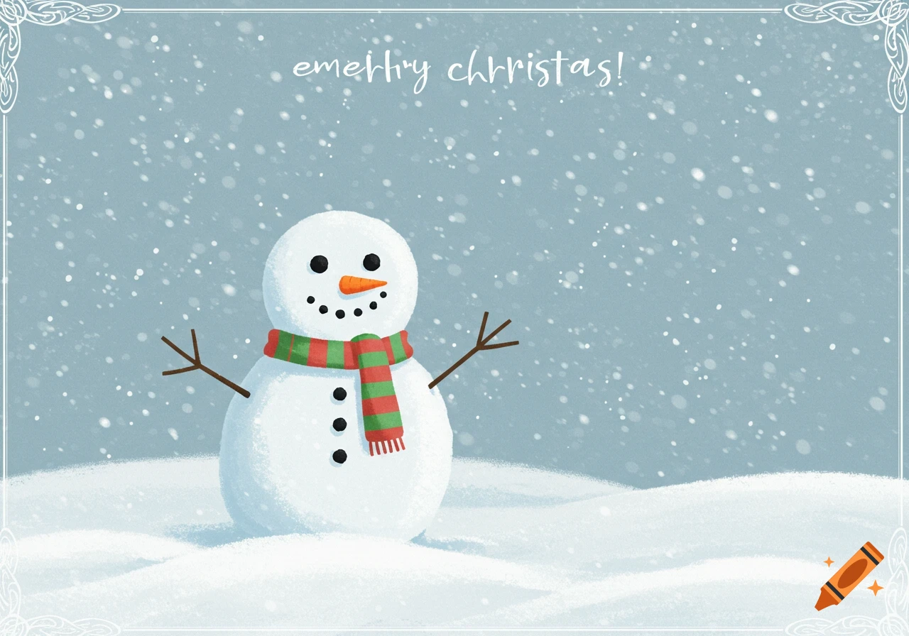 A cute snowman wearing a scarf stands in falling snow. Painted style.