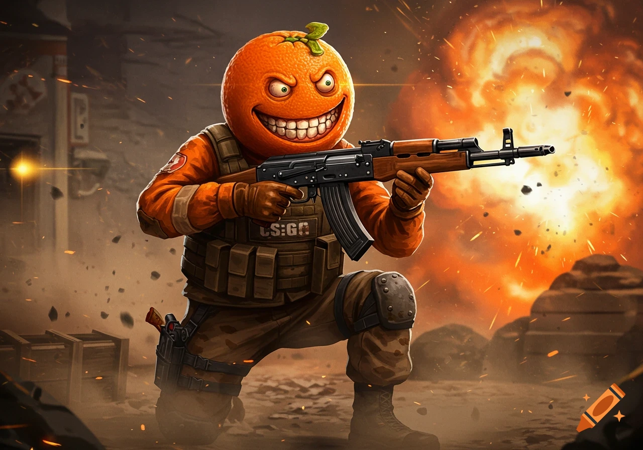 A cartoon orange character in combat gear holds a rifle in an explosion scene.