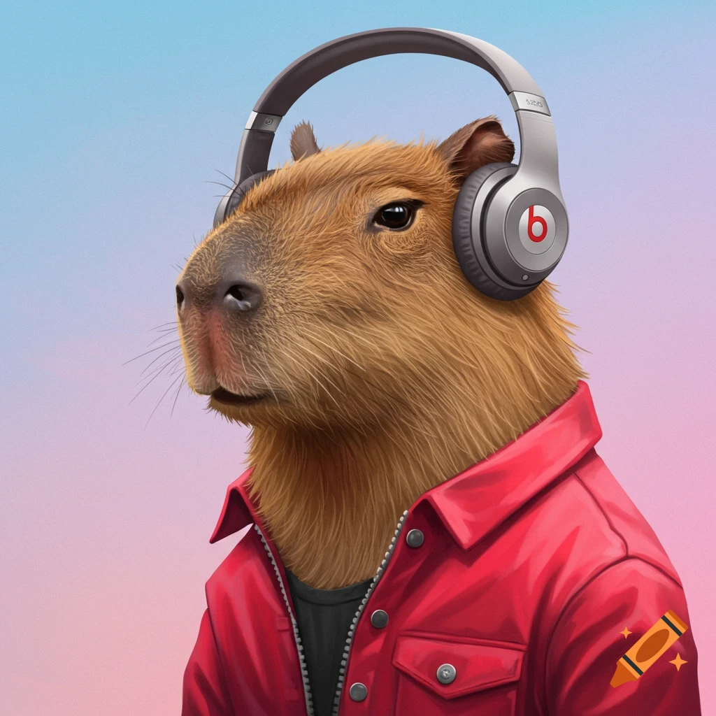 Portrait of a capybara wearing headphones and a red jacket.