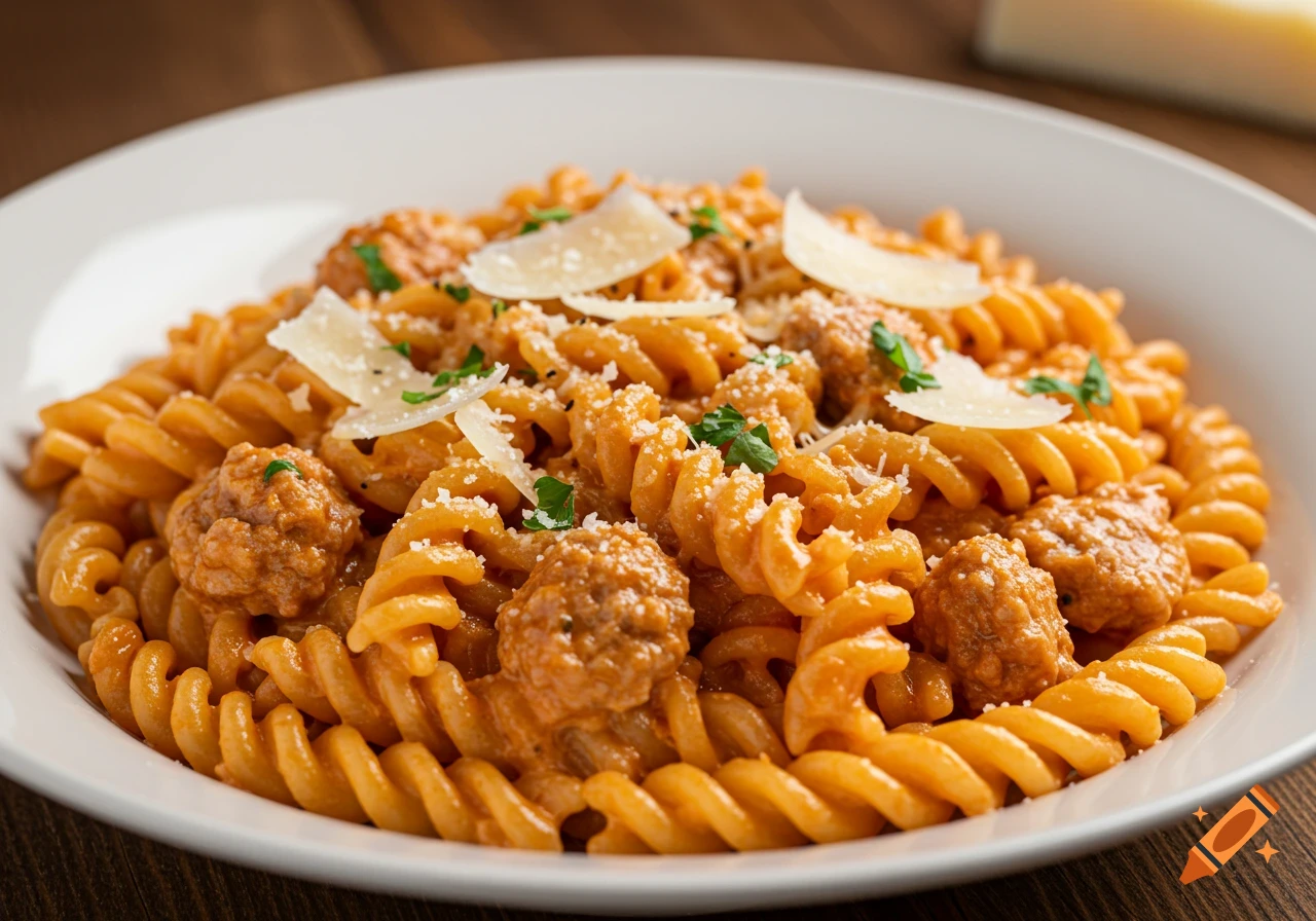 Close-up photo of fusilli pasta with meatballs, creamy sauce, and parmesan cheese in a white bowl.