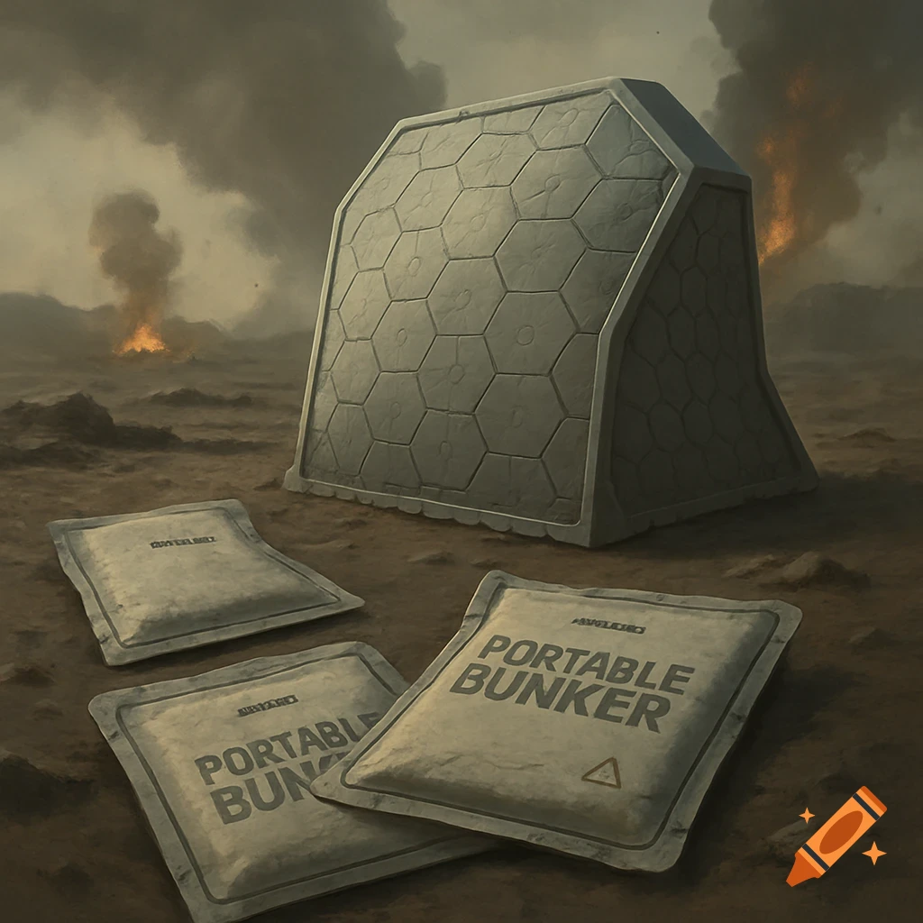 Hexagonal bunker structure and pouches labeled "Portable Bunker" on the ground in a desolate, smoky landscape with distant fires.