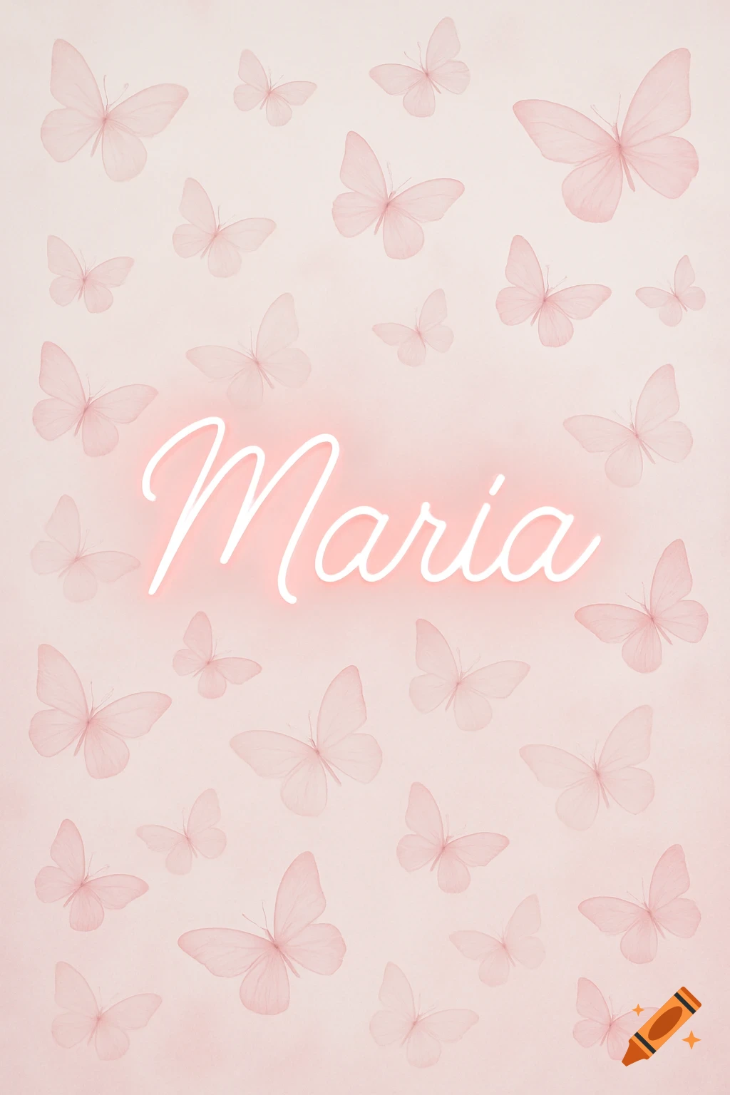 Pink background with scattered butterflies and the name Maria in white neon text.